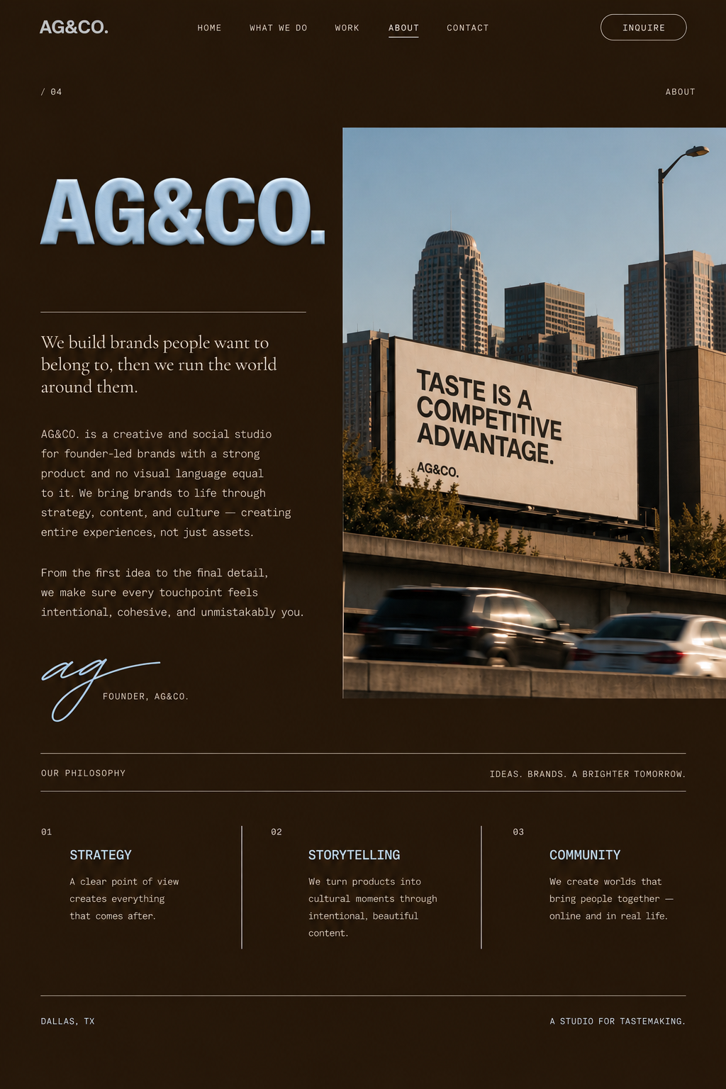 Dallas highway and city buildings with a billboard reading: Taste is a competitive advantage. AG&CO.