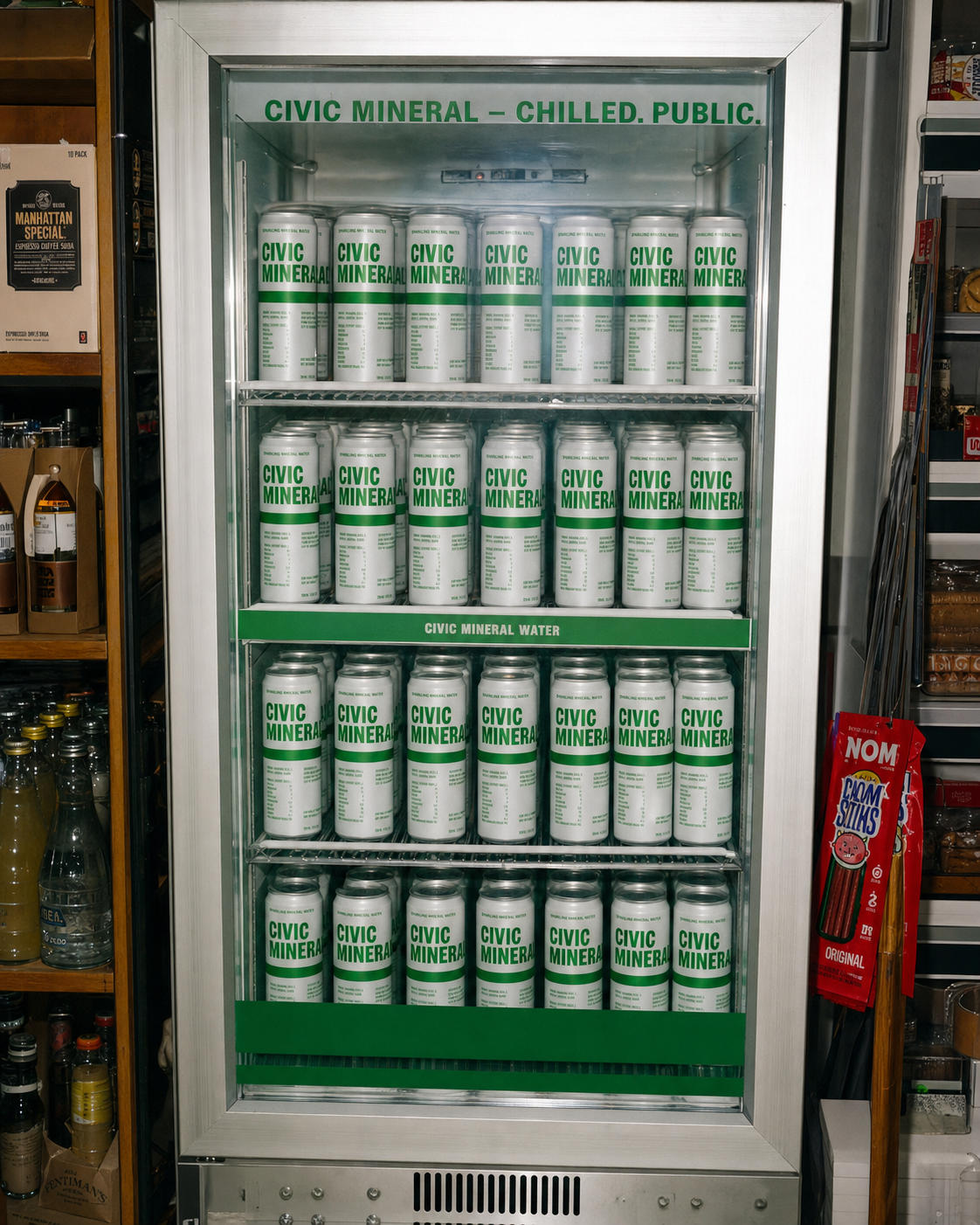 Cold-case presence. Tested at shelf distance: the can has to hold its own next to twelve pastel competitors.