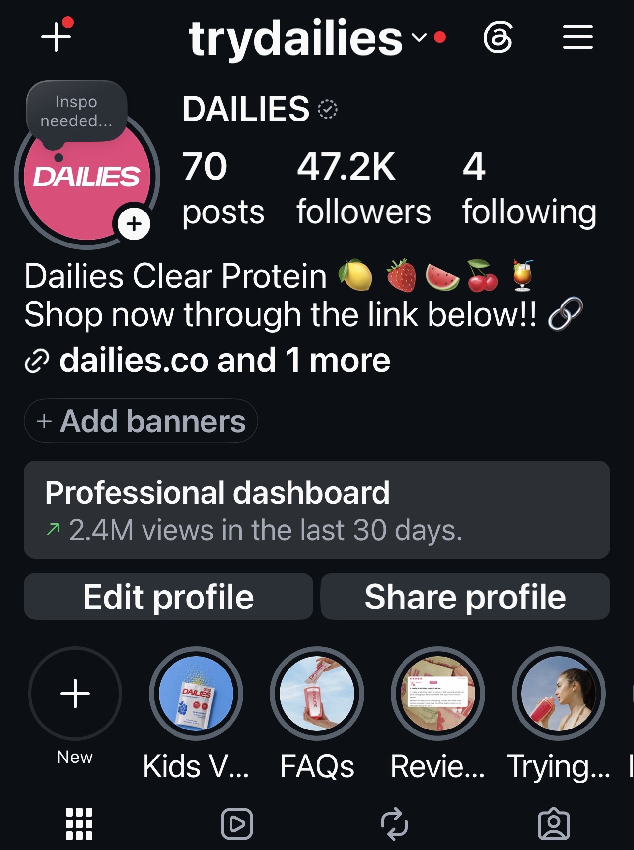 Profile view. Bio, highlights and grid opening read as one coherent brand statement.