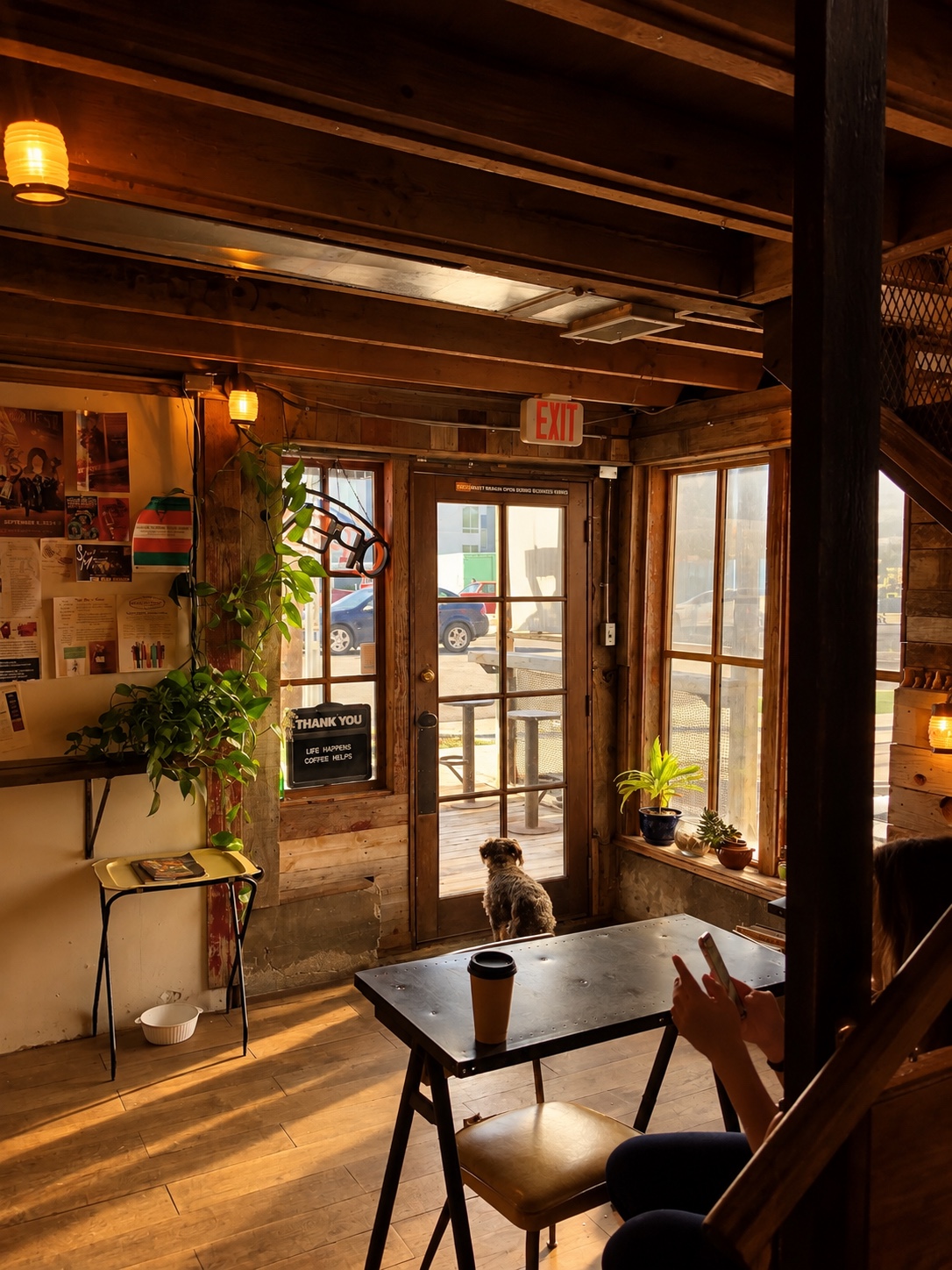 Warm wood café with coffee on a table and a dog waiting by the door