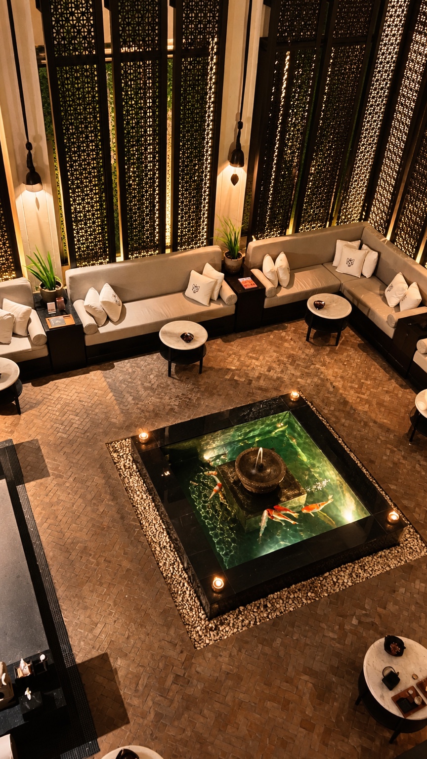 Hotel courtyard with seating around a koi pond