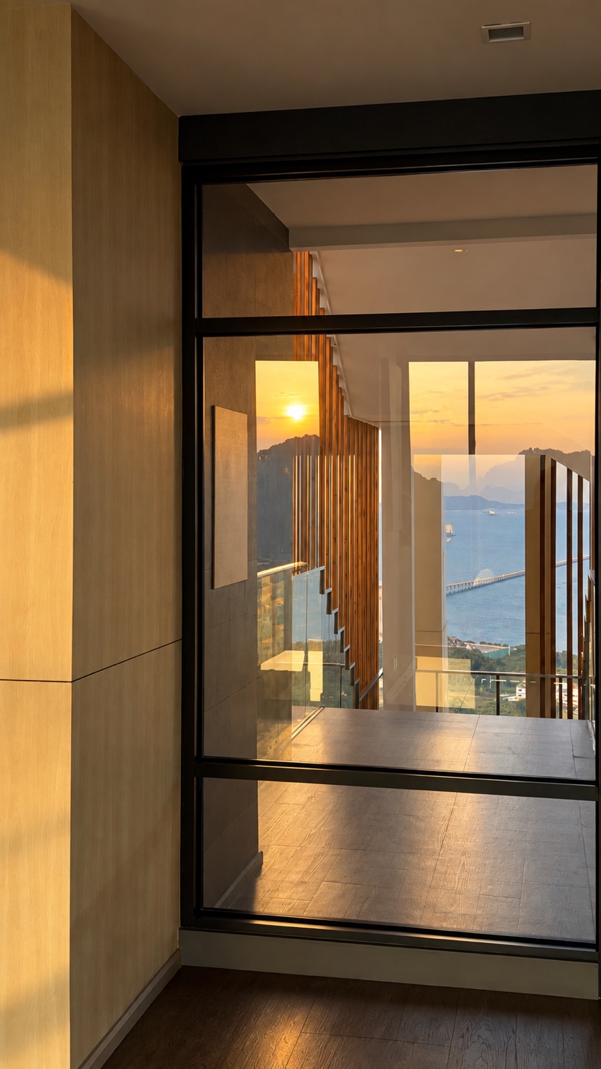 Warm sunset light reflecting through a glass hallway