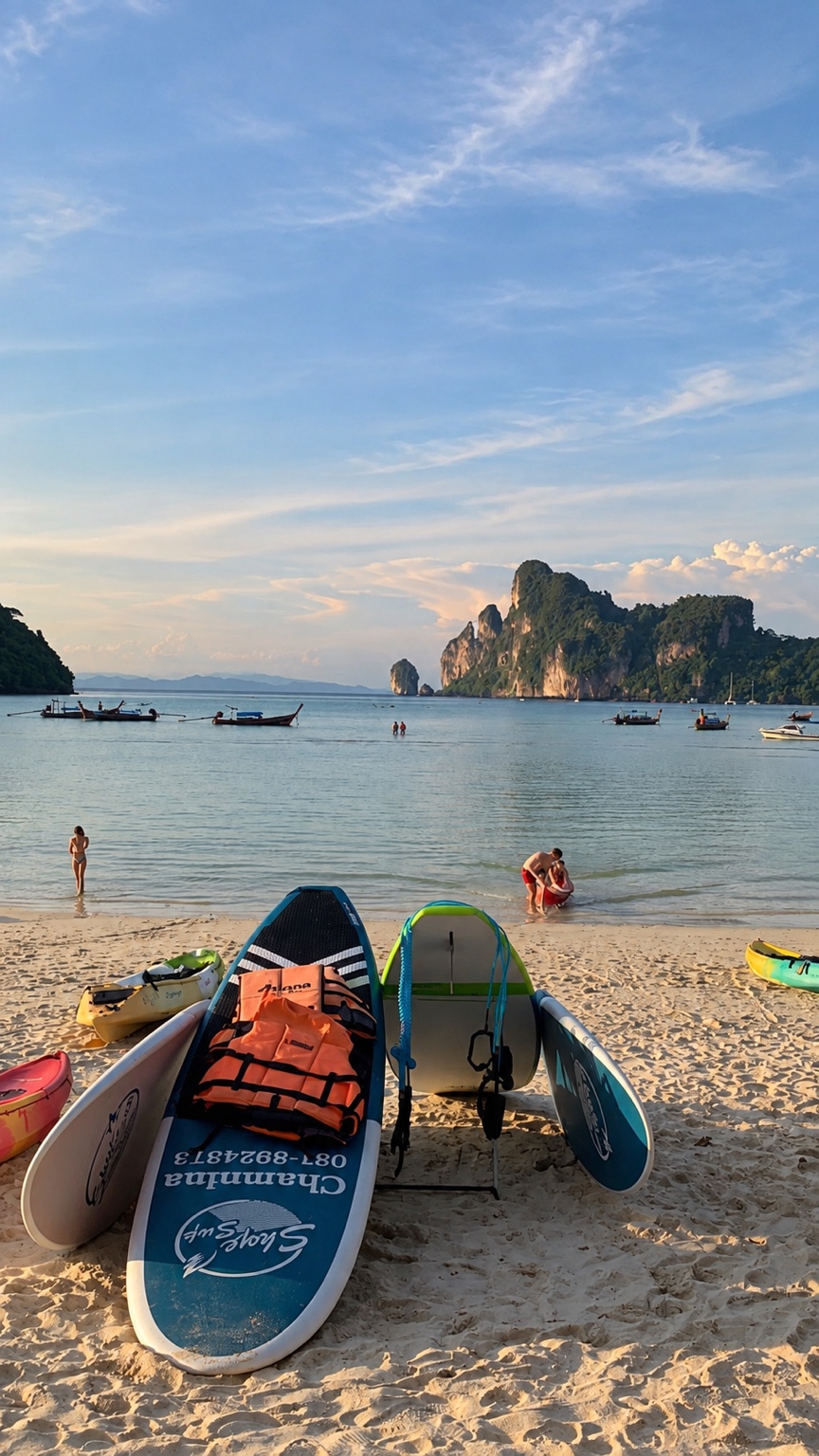 Paddleboards on a beach with longtail boats and limestone cliffs