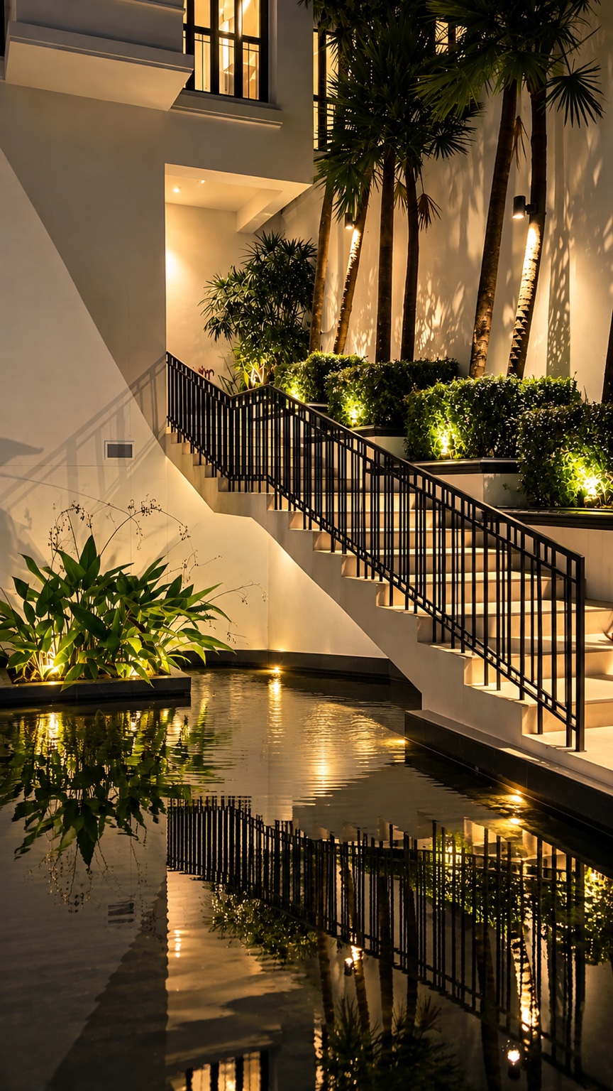 Illuminated stairs and greenery reflected in a still pond