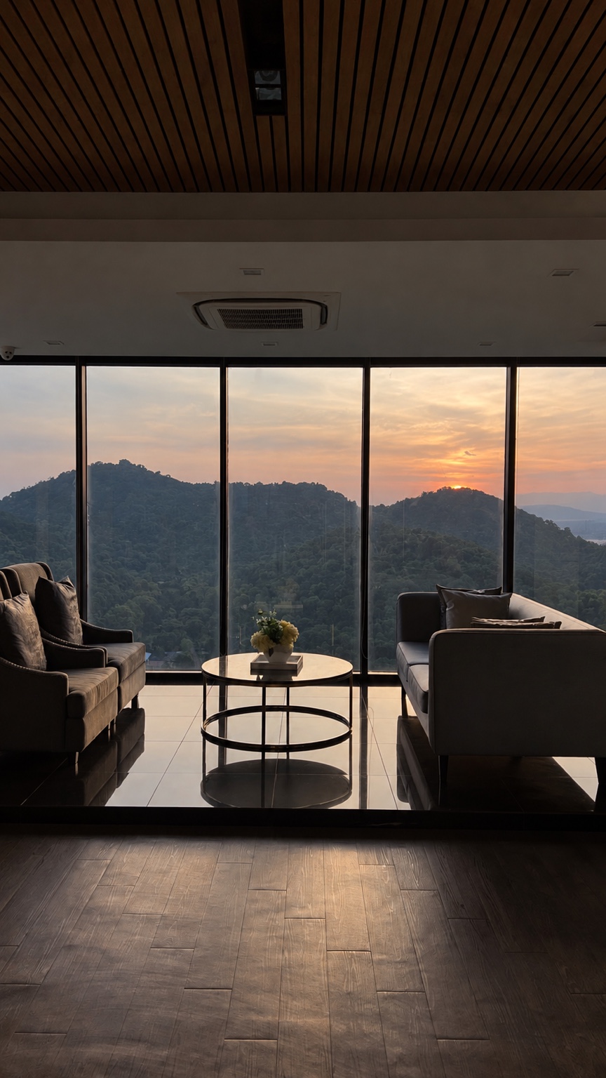 Lounge chairs beside floor-to-ceiling windows overlooking a sunset