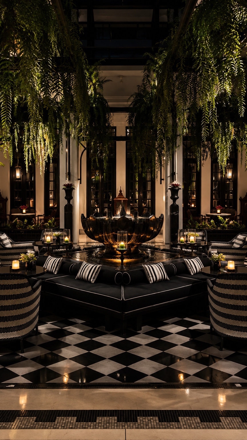 A moody hotel lounge with hanging greenery and a checkerboard floor