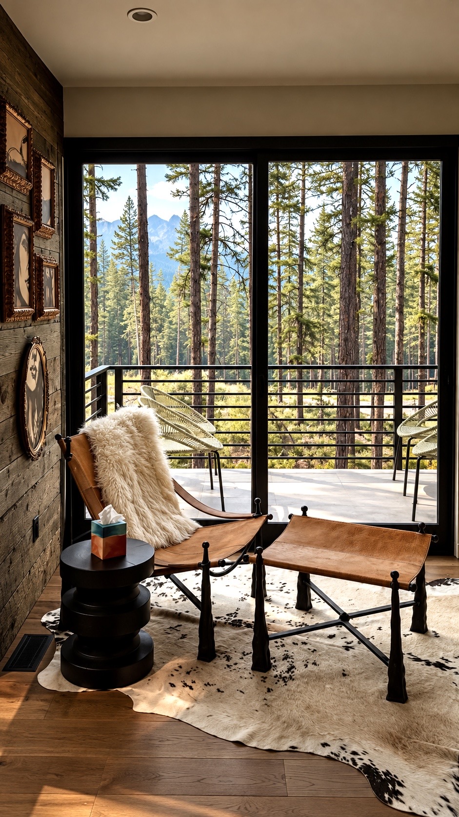A leather chair and rustic bench in a cabin looking out onto forest trees
