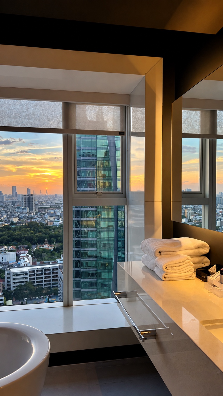 A hotel bathroom with a bathtub and sunset city views