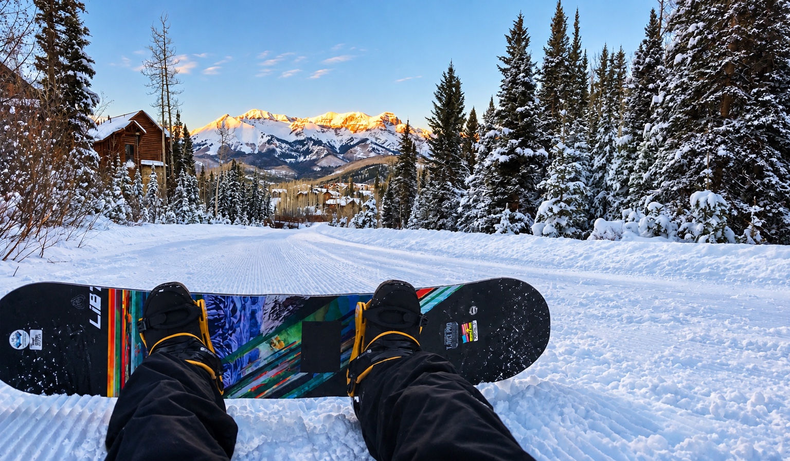 A snowboarder resting above snowy trees and golden mountain peaks