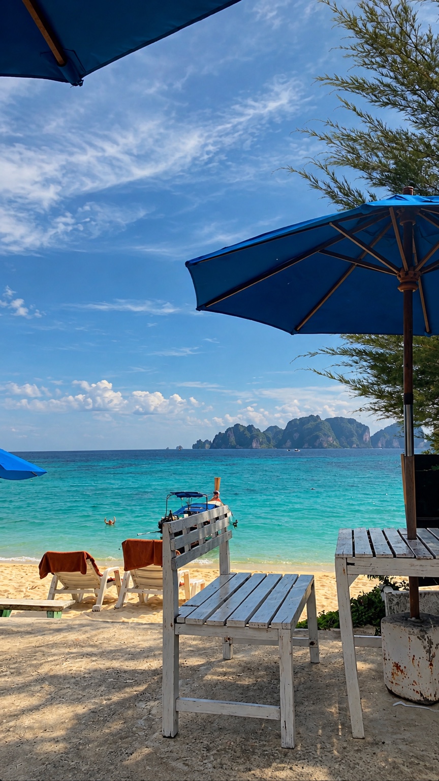 White tables under blue umbrellas beside turquoise sea